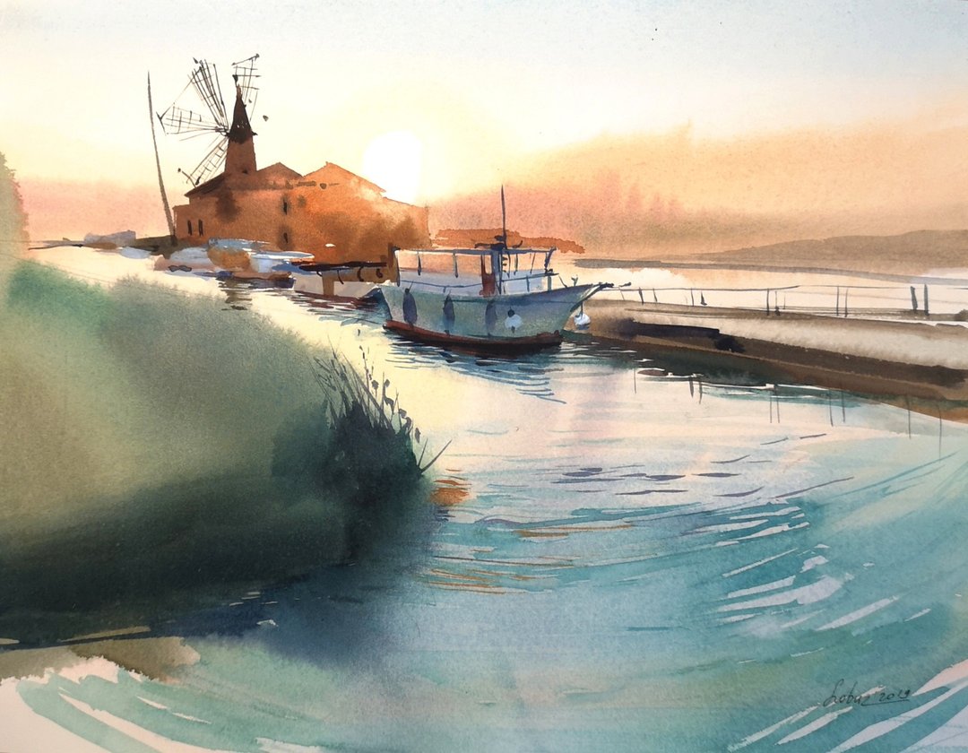 Windmill and a boat by a river channel - Original watercolor - 墙贴/壁贴 - 纸 