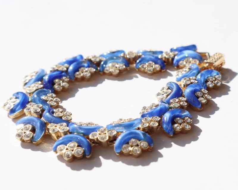80s vintage blue gold rhinestone bracelet - 手链/手环 - 其他金属 蓝色