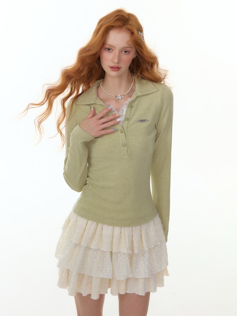 ziziFei秋冬美式设计感蕾丝假两件长袖t恤打底上衣polo领针织衫女 - 女装针织衫/毛衣 - 其他材质 