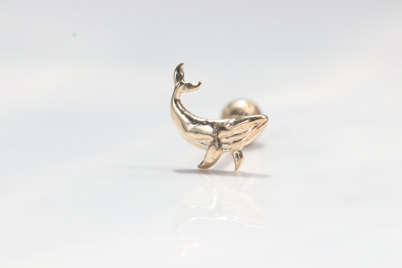 纯14K  金座头鲸锁珠耳环(单个)耳骨 耳窝 不退色 - 耳环/耳夹 - 贵金属 金色