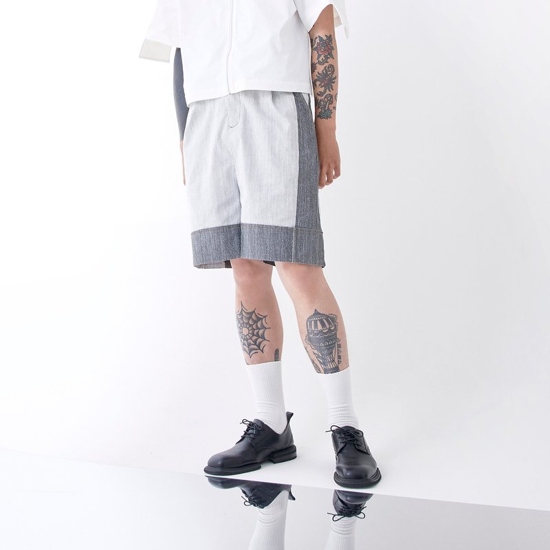 扣带配色五分裤 - 男士短裤 - 棉．麻 灰色