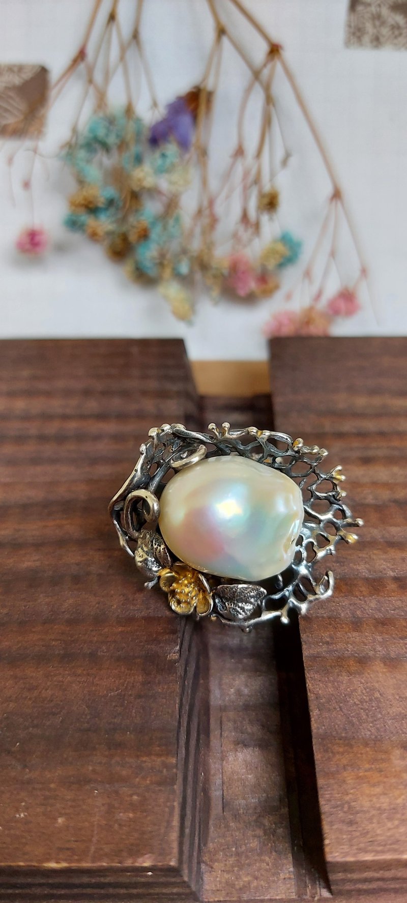 天然巴洛克珍珠设计戒指 - S925纯银 - 戒指 - 珍珠 黑色