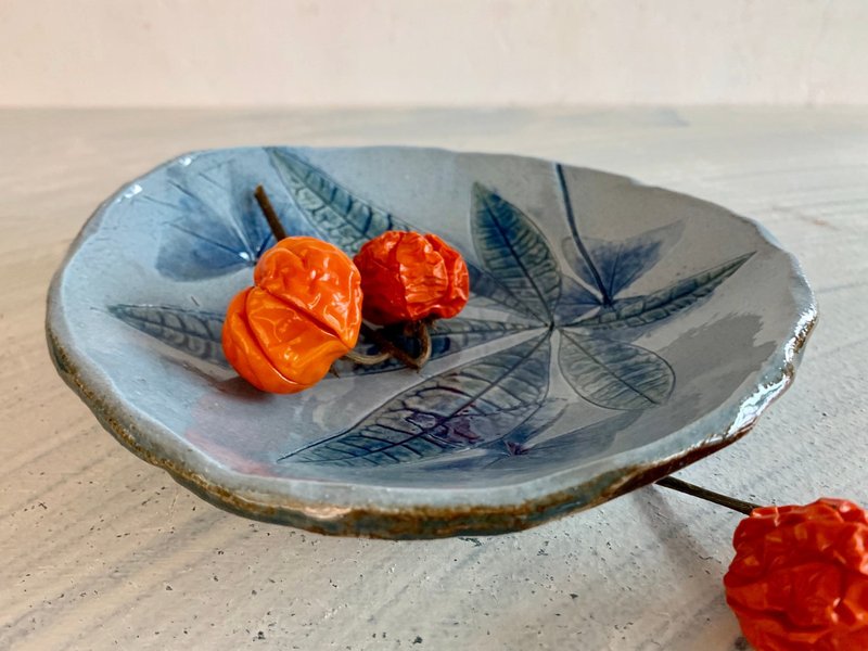 拈花惹草叶拓彩盘-圆盘_陶器餐盘 - 盘子/餐盘/盘架 - 陶 蓝色