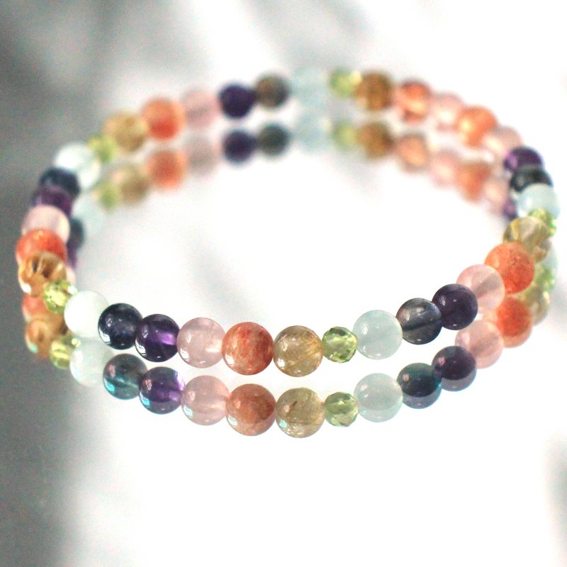 粉晶-海蓝宝-紫水晶-金太阳-招财开运-水晶手链 - 手链/手环 - 水晶 多色