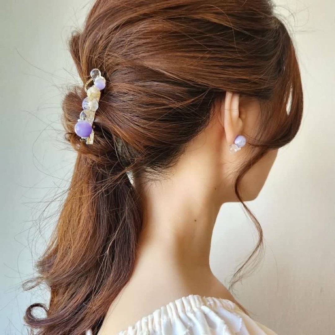 Hair clip Puffy purple and resin with flowers, freshwater pearl - 发饰 - 树脂 紫色