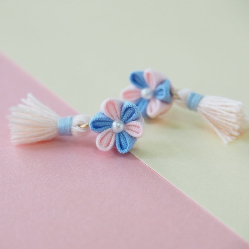 可爱紫色, 浅粉红小花流苏定制耳夹 - 耳环/耳夹 - 棉．麻 紫色