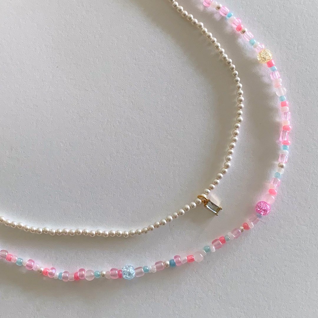 PASTEL ICY NECKLACE SET (PINK CHARM/BLUE CHARM) - 项链 - 其他材质 