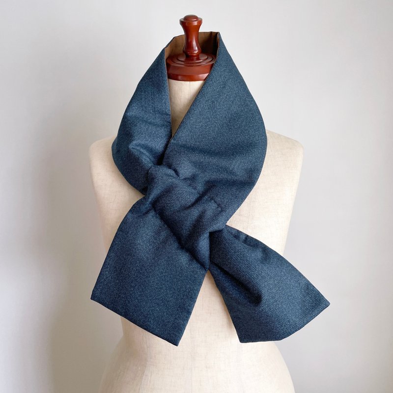 【独一无二】和服 围脖 颈圈 - 羊毛和服布料 藏青色细格纹 & 新毛斯纶 棕色 - 围巾/披肩 - 羊毛 蓝色
