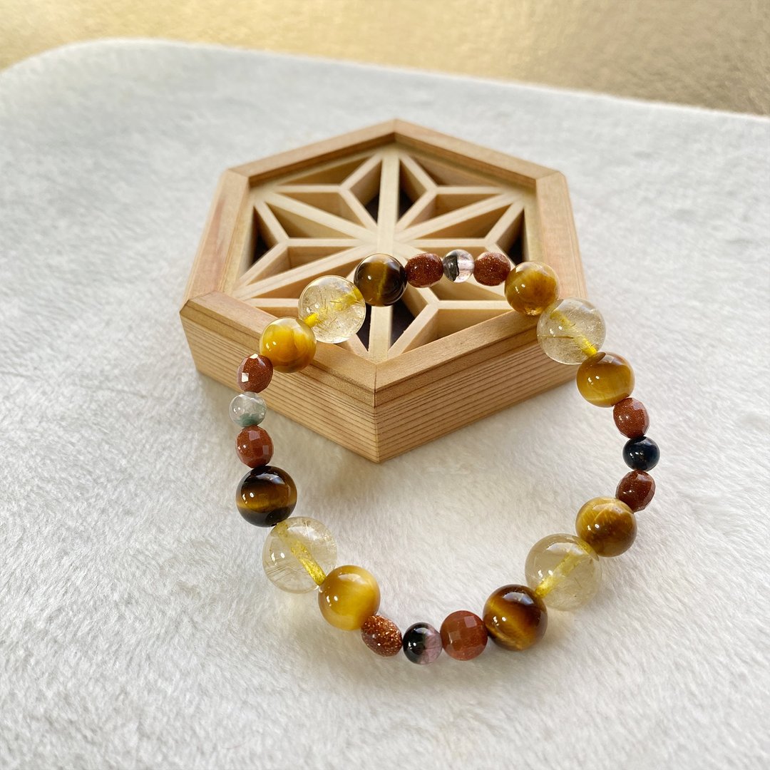 发晶 黄虎眼 金运 防小人 天然水晶 日本手作 礼物 能量石手链 - 手链/手环 - 水晶 黄色