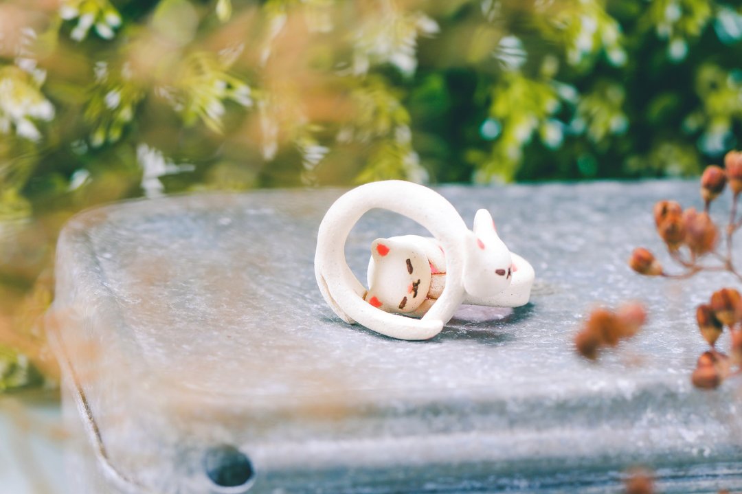 生物戒指系列—猫猫卷戒指 - 戒指 - 陶 白色