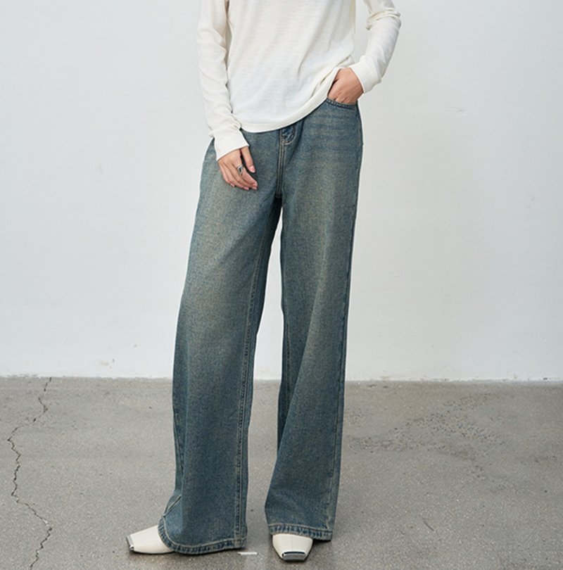 【慵懒鬆弛感】法式簡約/牛仔阔腿裤 - 女装长裤 - 其他材质 蓝色