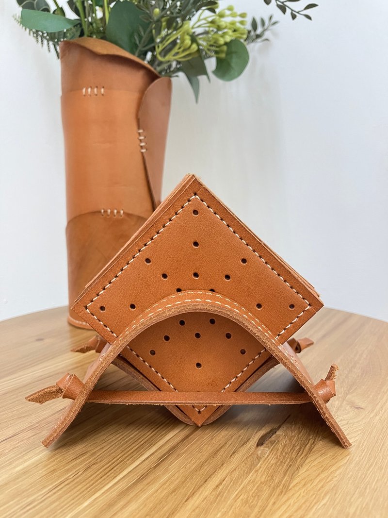 手工皮革杯垫套装 – 植物鞣革饮料杯垫带收纳架 – 简约餐具 - 杯垫 - 真皮 