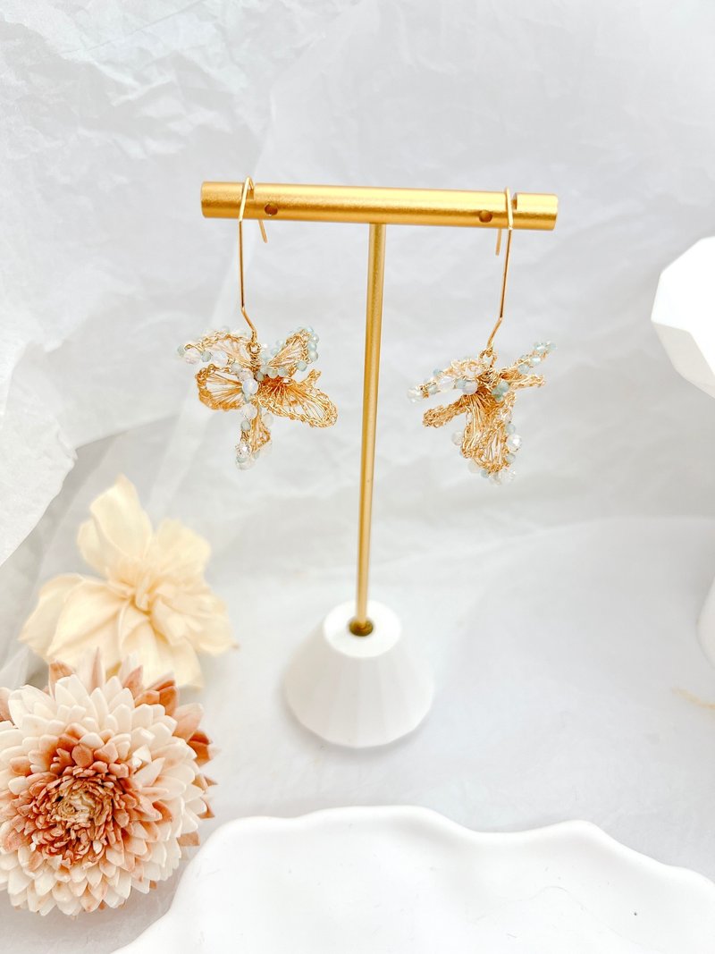 【金属编织系列】三角花球 垂坠勾勒编织 耳针耳夹耳环 - 耳环/耳夹 - 半宝石 金色