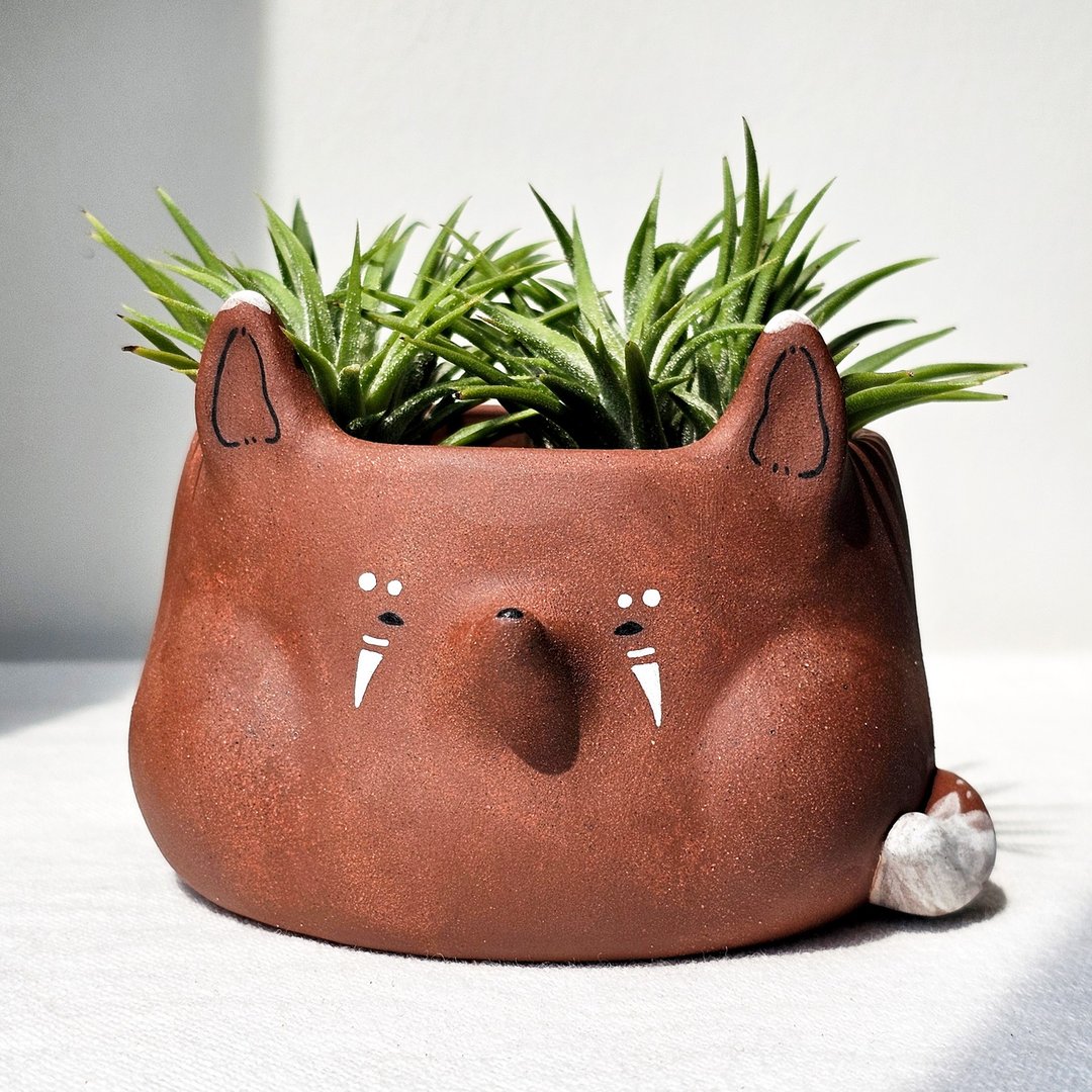 Handmade Brown Tribal Fox Planter: Chubby Cheeks Animal Pot - 花瓶/陶器 - 陶 