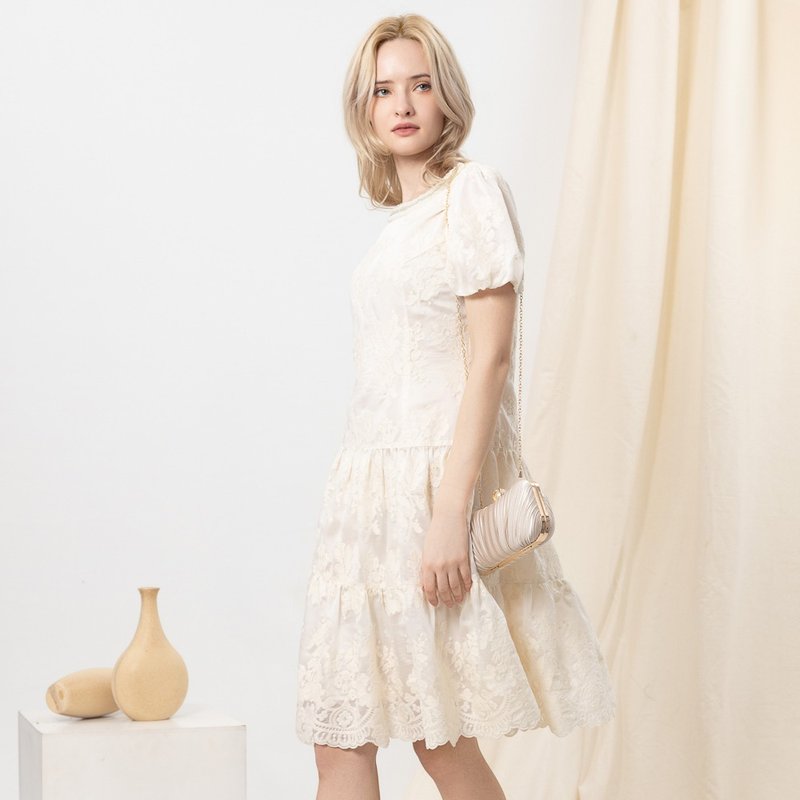 【MEDUSA】米白刺绣蛋糕蕾丝小礼服(M-XL) | 小礼服 妈妈礼服 - 晚装/礼服 - 棉．麻 白色