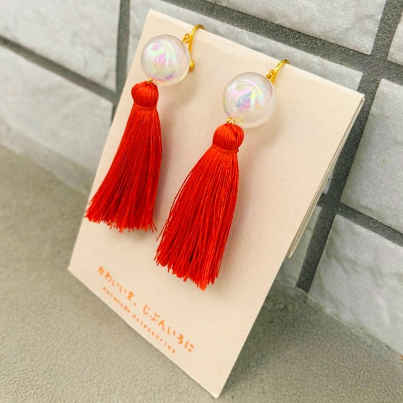 羽扇豆耳饰 - 耳环/耳夹 - 绣线 红色