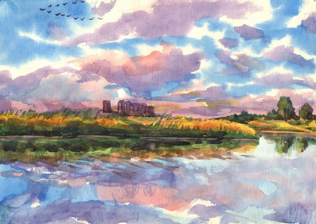 ORIGINAL WATERCOLOR PAINTING landscape sunset river Artwork gift hand painting - 海报/装饰画/版画 - 纸 紫色