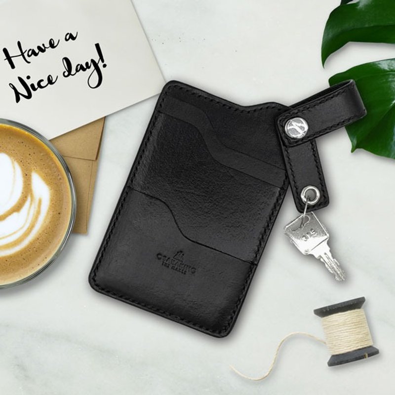 【革物制之】手工植鞣真皮多功能票卡夹//颈绳组 (质感黑) - 证件套/卡套 - 真皮 黑色