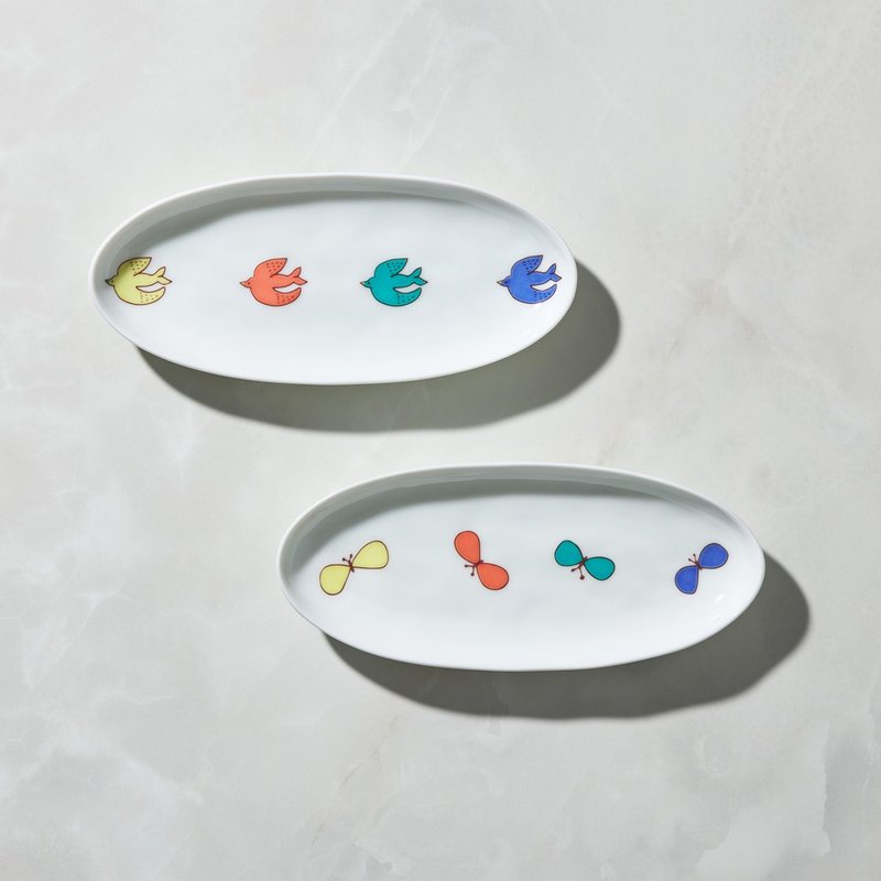 日本晴九谷烧 - 椭圆中盘(2件组) - 盘子/餐盘/盘架 - 瓷 白色