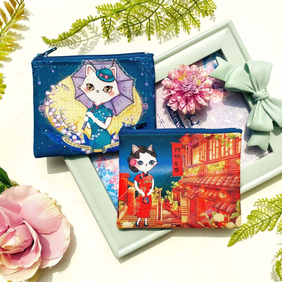 零钱包 | 帆布 | 水洗不退色 - 九份旗袍猫、铃兰花旗袍猫 2 款 - 零钱包 - 棉 多色
