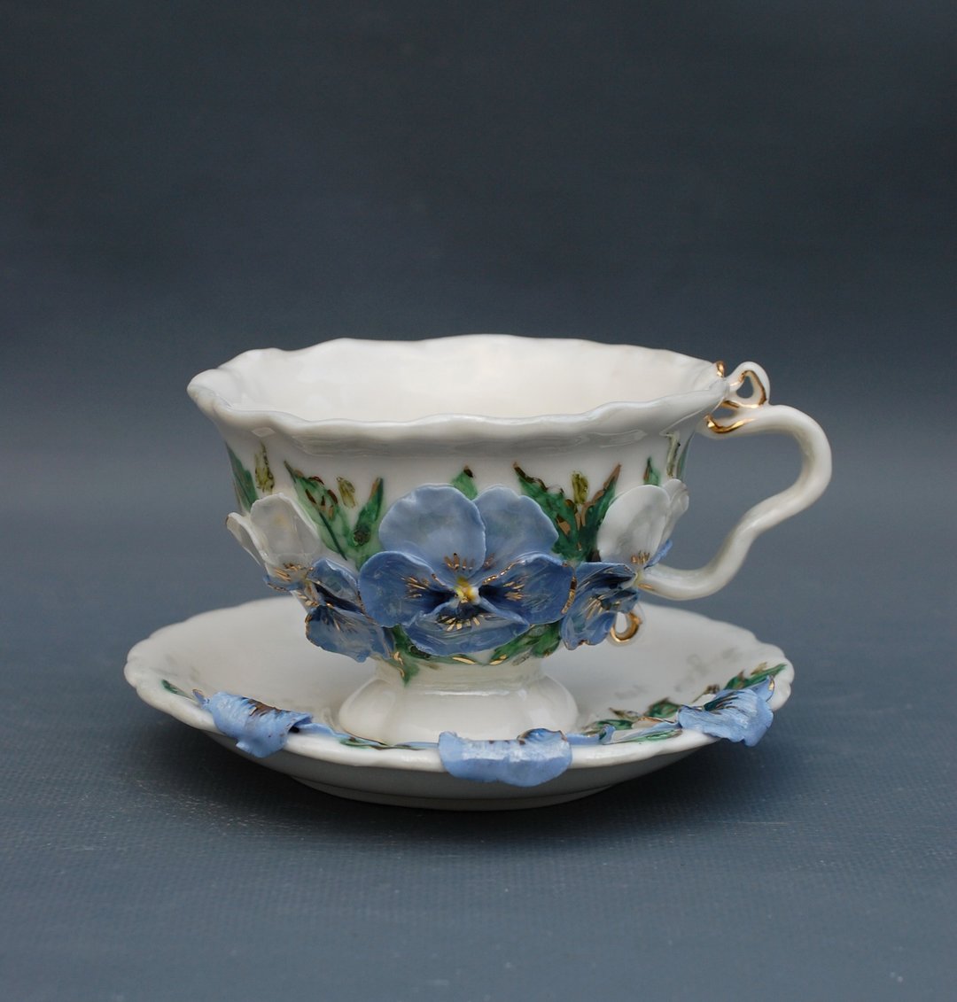 Pansies Cup and saucer Porcelain Flowers Tea Set Multicolored violets - 茶具/茶杯 - 瓷 多色