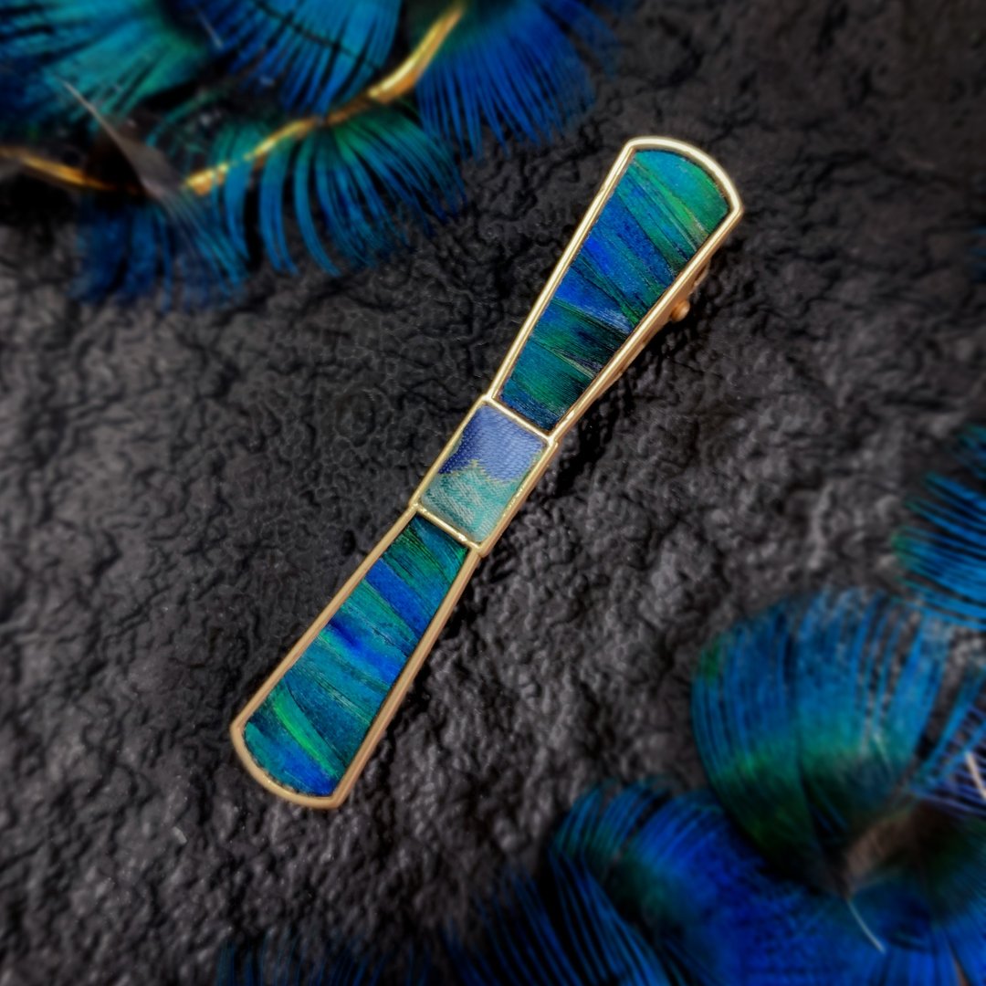 【手作】点翠和宋锦工艺 孔雀羽毛镶嵌几何发夹 - 发饰 - 玫瑰金 金色