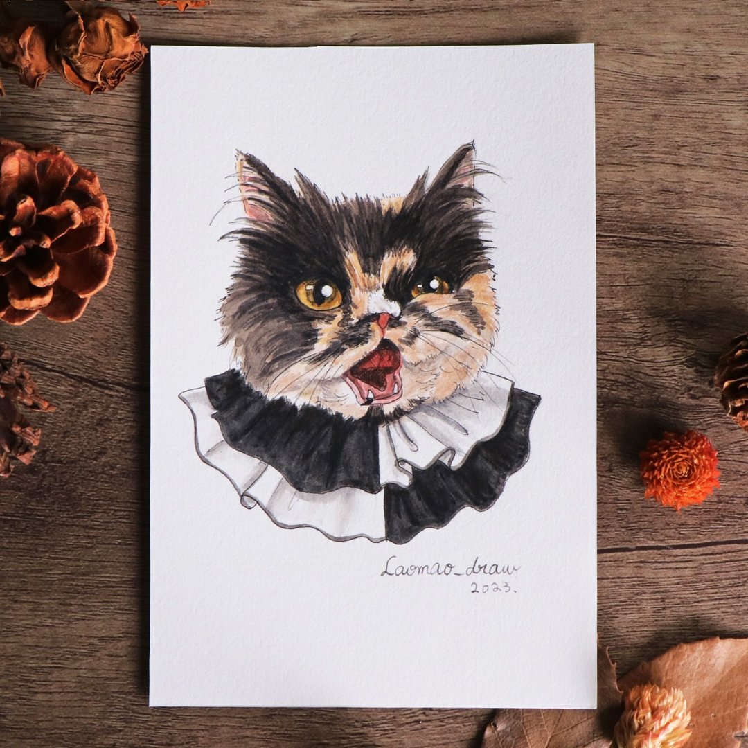 水彩插画原画稿 猫咪头像 4X6 6寸 1003 三花猫与小丑领 - 海报/装饰画/版画 - 纸 