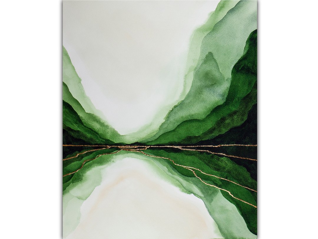 Mountain Painting Green Mountain Original Art Abstract Watercolor Landscape - 海报/装饰画/版画 - 纸 绿色