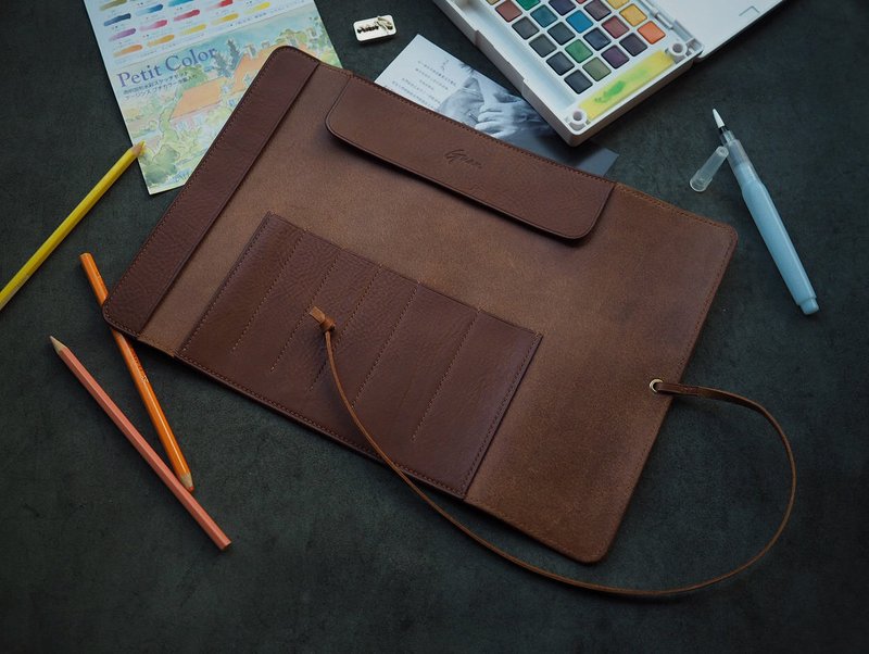 水彩笔袋笔帘绘画工具袋笔卷 纯手工牛皮 定制化刻字礼物 订制 - 铅笔盒/笔袋 - 真皮 咖啡色