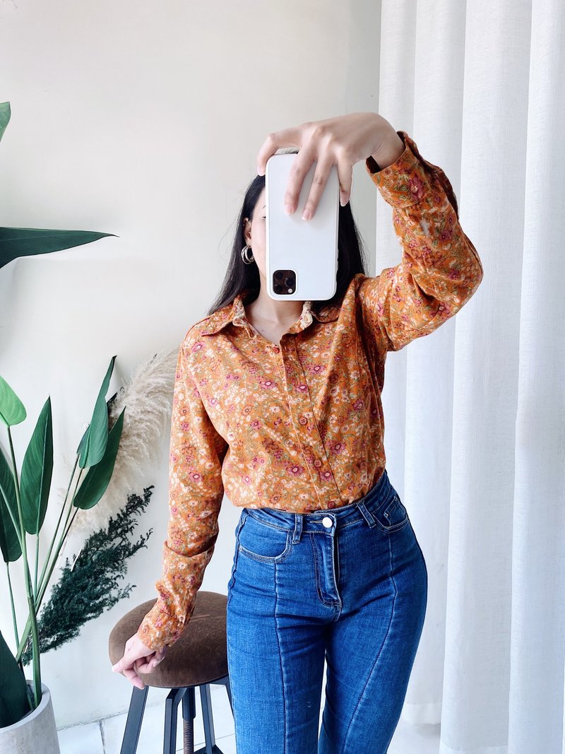 橘色满满缀花春夏时节 古着翻领纯棉衬衫上衣 vintage Shirt - 女装衬衫 - 棉．麻 橘色