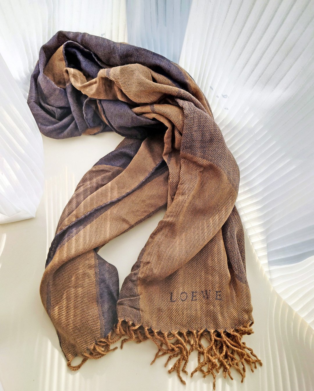中古美品 LOEWE 极软 双色丝巾羊毛颈巾围巾领巾围脖披肩盖毯毛毯 - 围巾/披肩 - 羊毛 卡其色
