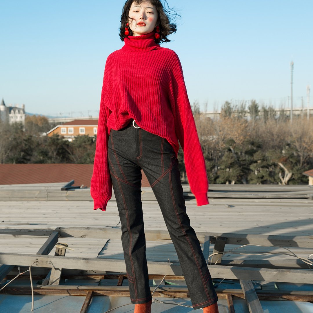 原创明线黑色个性微喇叭裤高腰显瘦复古牛仔裤女秋冬新款 - 女装长裤 - 棉 黑色