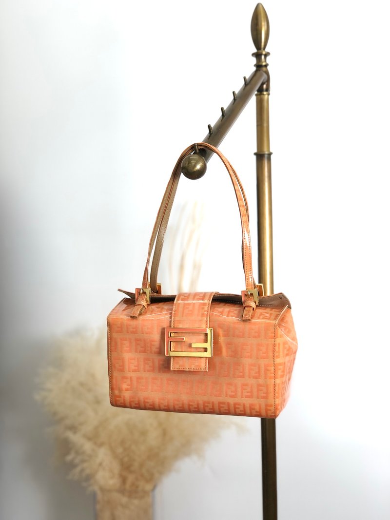 【 日本直送 名牌中古包 】FENDI 芬迪 压纹帆布 手提包 橘色 漆皮皮革 vintage 古董 老品 snr2vs - 手提包/手提袋 - 真皮 橘色