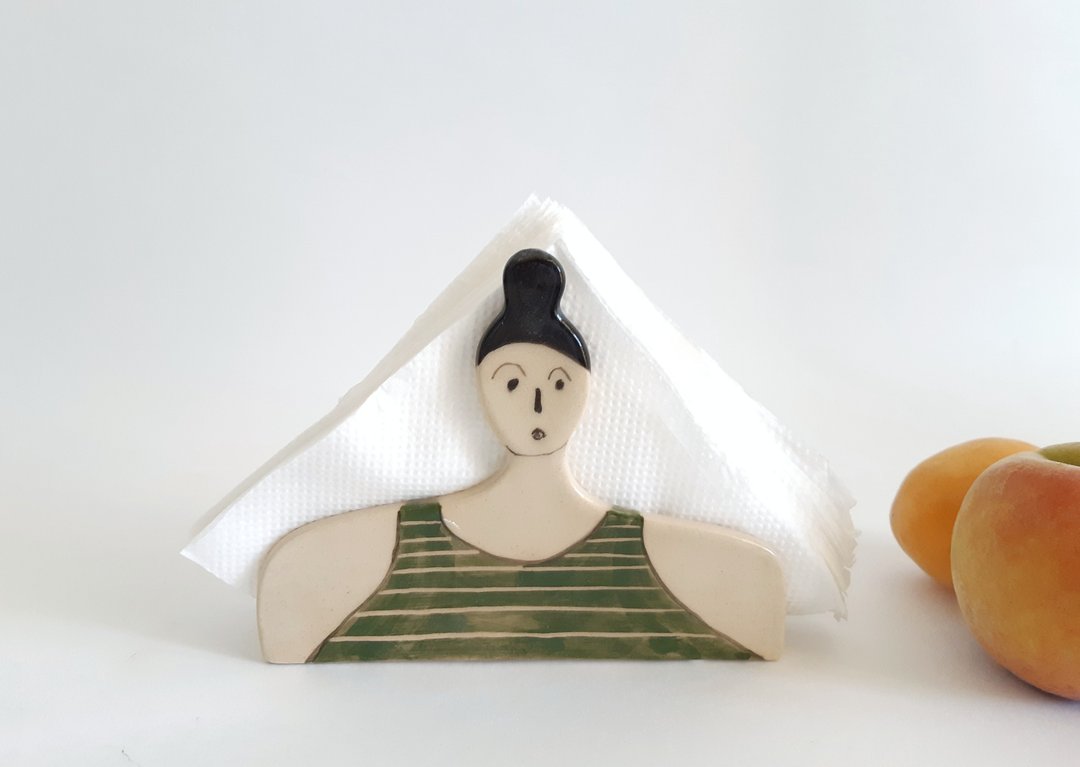 Ceramic lady napkin holder, sponge holder for housewarming gifts - 花瓶/陶器 - 陶 绿色