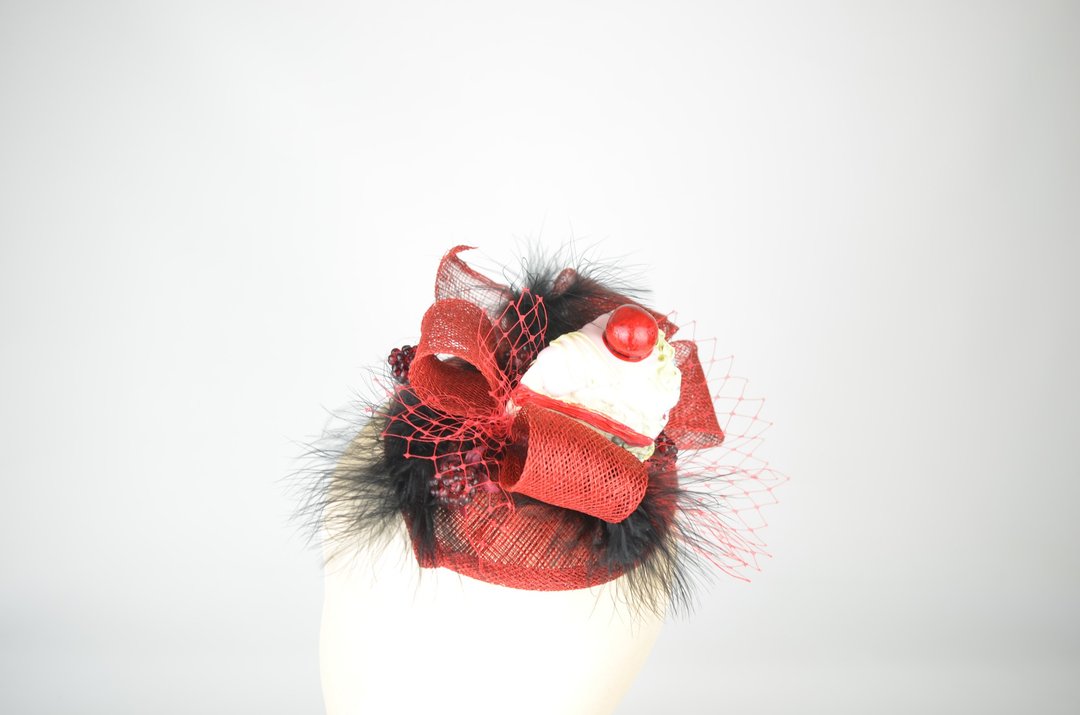Headpiece Cocktail Hat Cherry Vintage Cake, Raspberries, Cascading Feathers Veil - 发饰 - 其他材质 红色