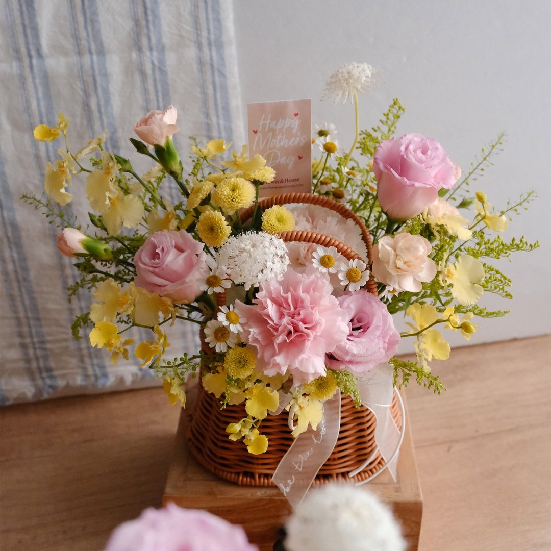限自取 鲜花 Love 妈咪 母亲节 春日野餐提篮盆花 (粉黄 S) 康乃馨盆 - 其他 - 植物．花 粉红色