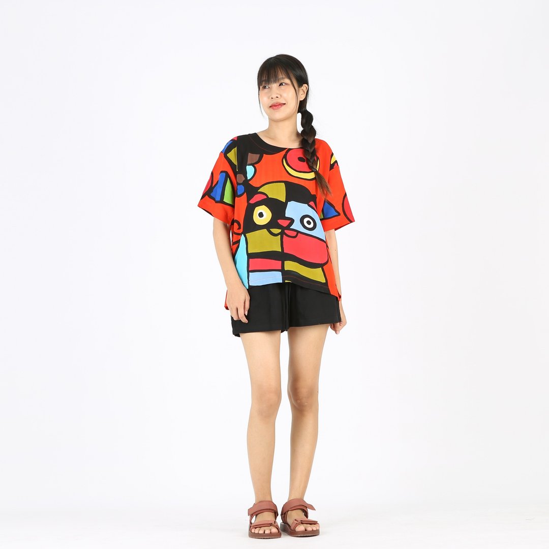 Abstract Cotton Rayon Kimono Blouse Hand Paint Free Size - 女装上衣 - 棉 橘色