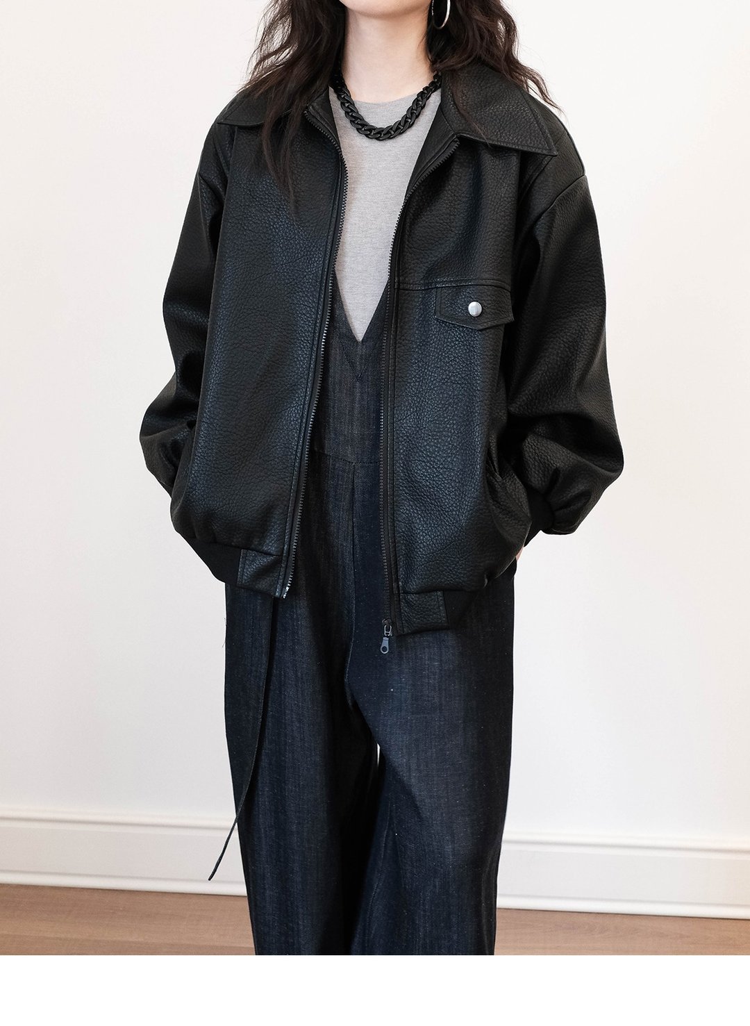 复古宽肩美式街头拉链PU皮衣外套女宽松机车服 - 女装休闲/机能外套 - 人造皮革 