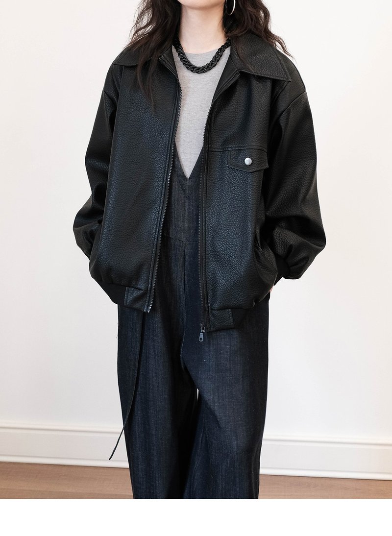 复古宽肩美式街头拉链PU皮衣外套女宽松机车服 - 女装休闲/机能外套 - 人造皮革 