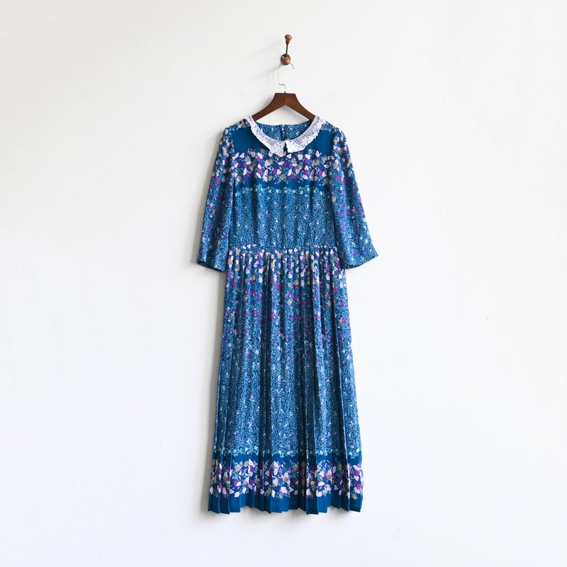 【蛋植物古着】洋水花环蕾丝领短袖古着洋装 - 洋装/连衣裙 - 其他人造纤维 蓝色