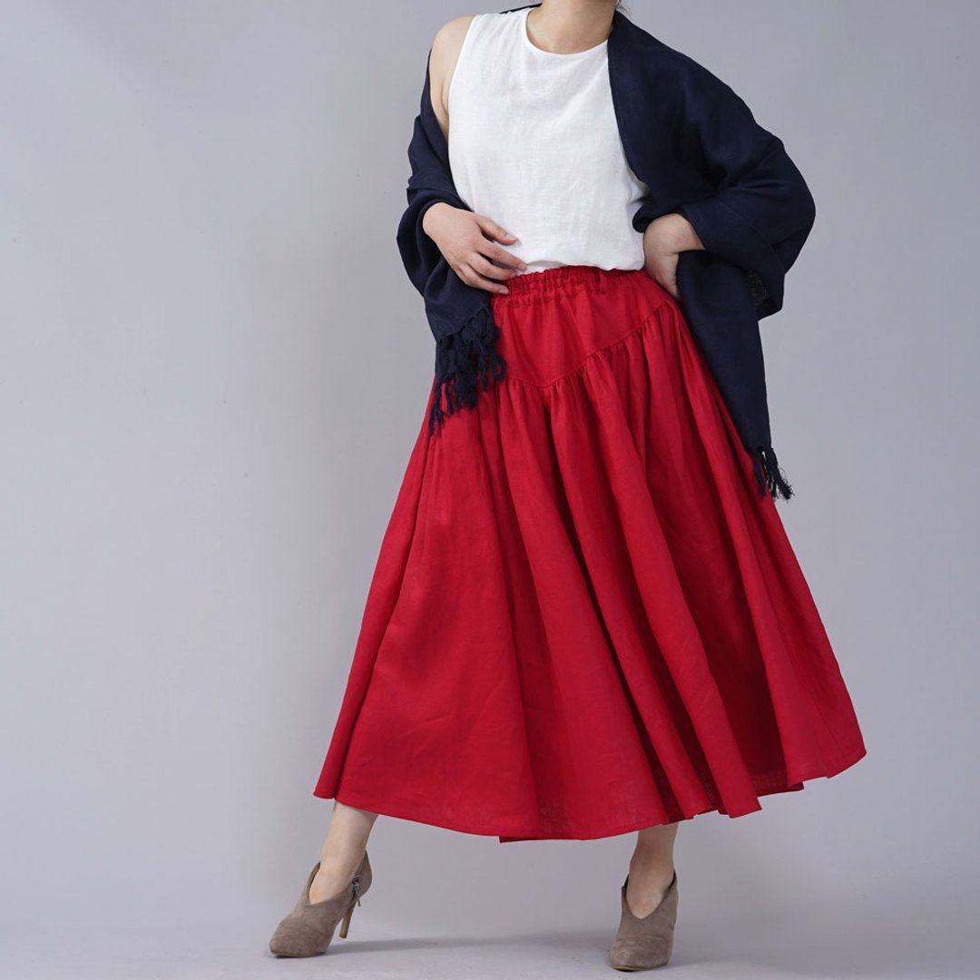 wafu - 亞麻長裙 Midweight Linen Waist Yoke Skirt / Red s003a-red2 - 裙子 - 亚麻 红色
