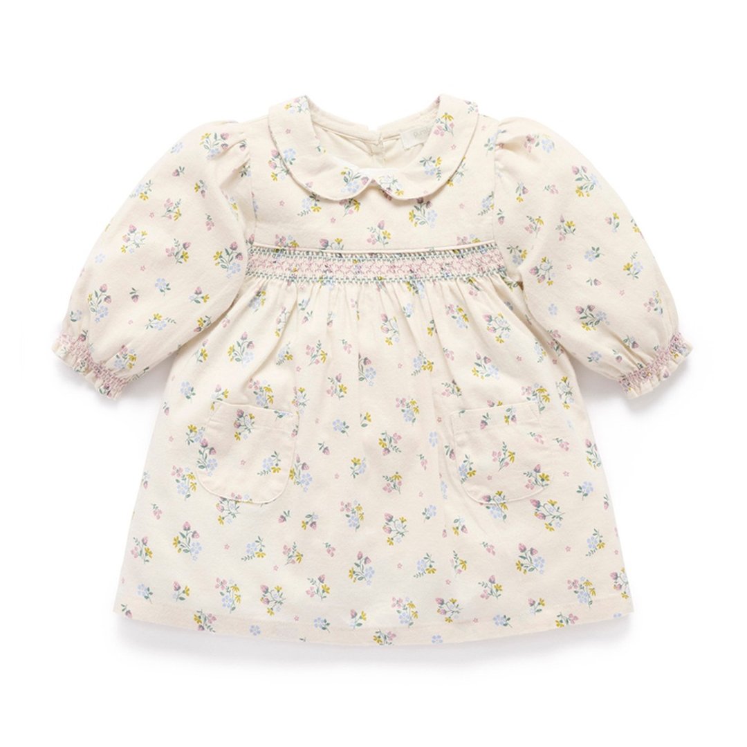 澳洲Purebaby有机棉女童长袖洋装/童装裙 12M-5T 米白草莓花 - 童装裙 - 棉 