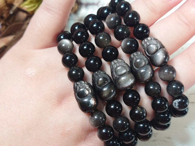 金曜石×金曜石貔貅  银曜石×银曜石貔貅 定制化礼物 - 手链/手环 - 水晶 黑色