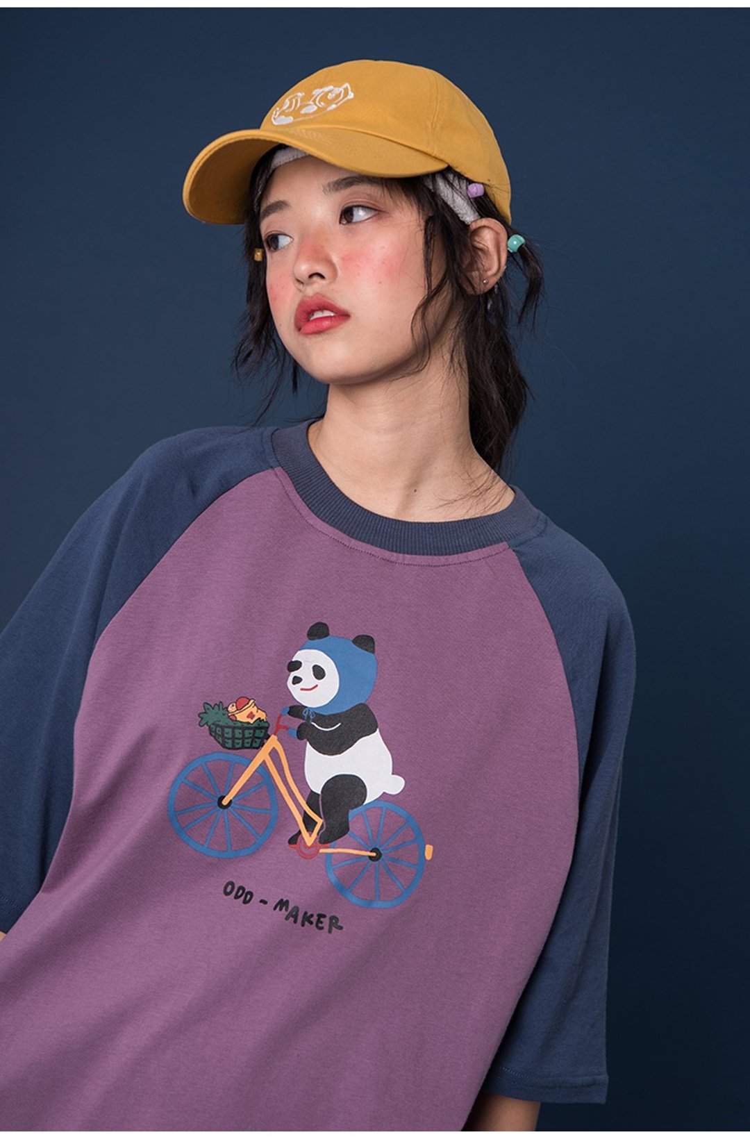 odd maker 熊猫插肩拼色短袖t恤女宽松复古拼接上衣Tee夏季 - 女装 T 恤 - 棉．麻 