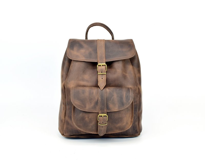 Waxed Brown Leather Backpack, Genuine Leather Backpack Handmade in Greece. - 后背包/双肩包 - 真皮 咖啡色