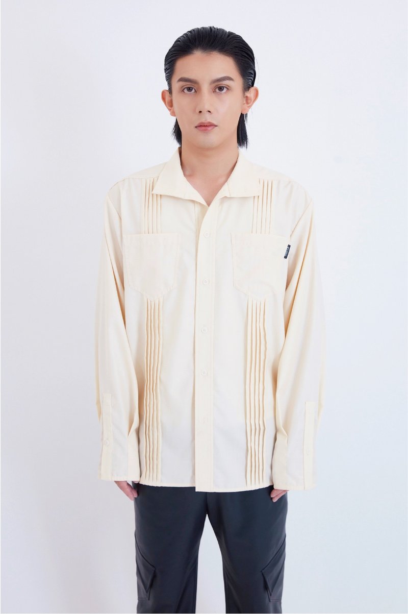 立领锥形塔克衬衫 - 女装衬衫 - 聚酯纤维 卡其色