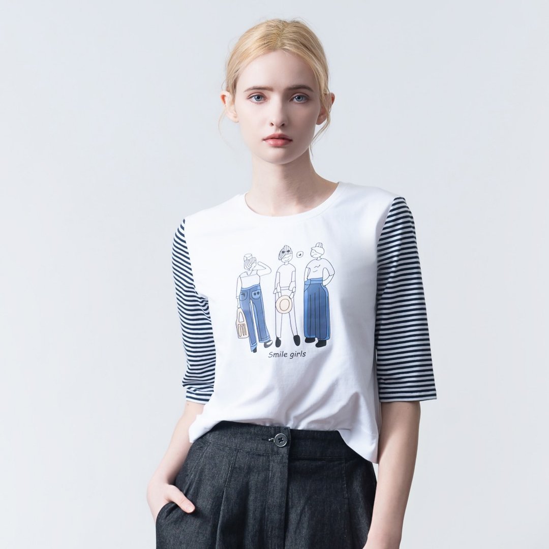 【MEDUSA】可爱女孩插画条纹拼袖T恤(M-XL) | 女短袖T恤 休闲上衣 - 女装 T 恤 - 棉 白色