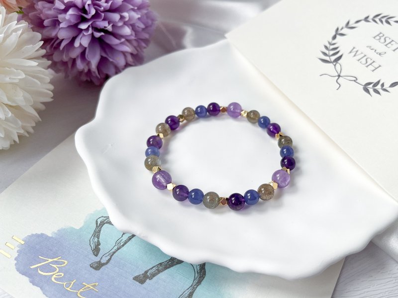 【雷雨】紫水晶 拉长石 薰衣草紫水晶 坦桑石丹泉石 14k包金手链 - 手链/手环 - 水晶 紫色
