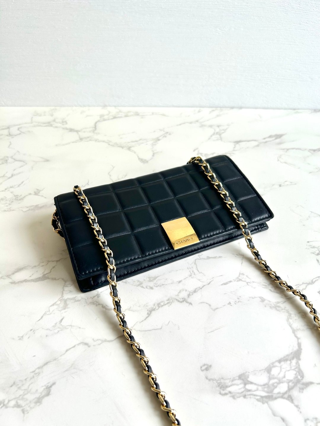 绝版古董包 Chanel 黑色冰格长夹 钱包 斜背包 侧背包 单肩包 中古 - 侧背包/斜挎包 - 真皮 黑色