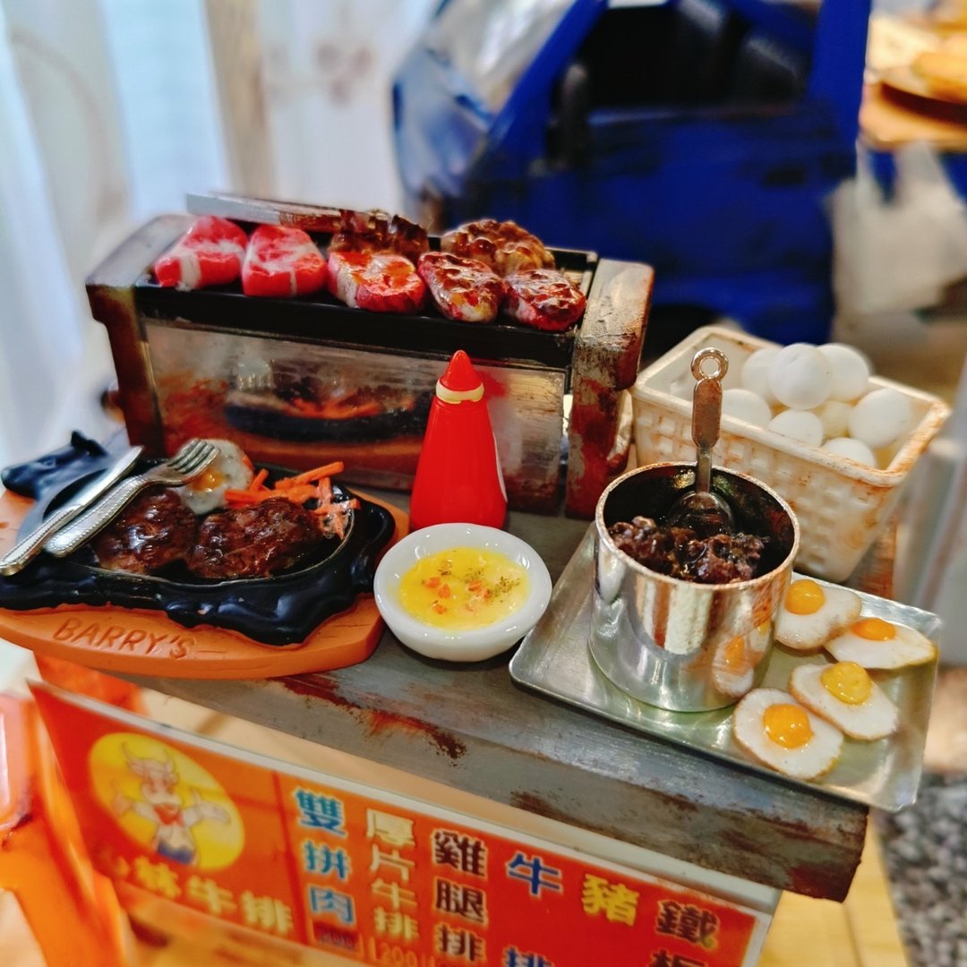 牛排 荷包蛋 铁板面 宵夜 摊车 夜市 点心 小吃 台式 袖珍 手作 - 摆饰 - 粘土 